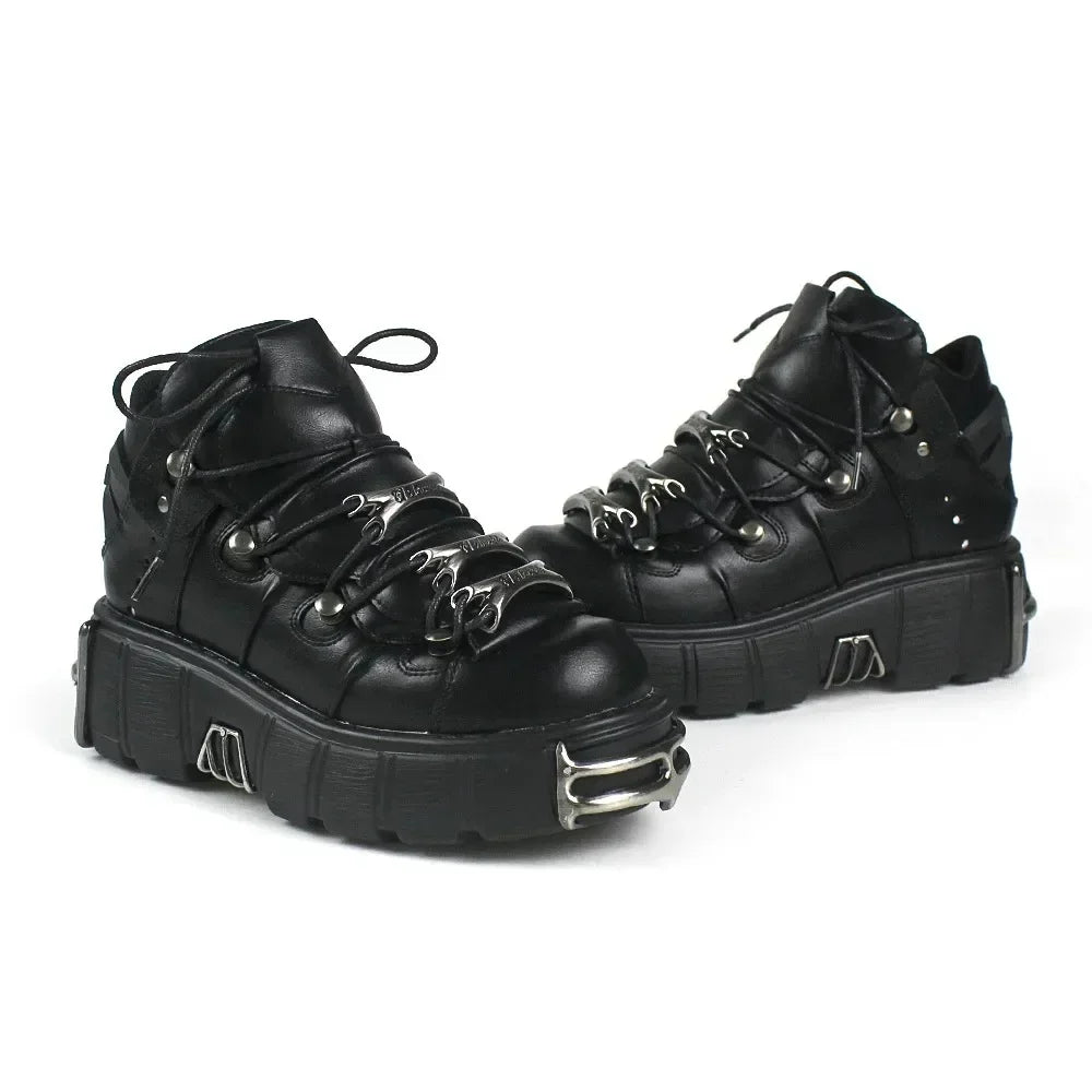 Zapatos de cuero estilo punk para mujer, con cordones, tacón de 6 cm de altura, plataforma, botines góticos para mujer, botas de motociclista de PU, zapatillas de suela gruesa