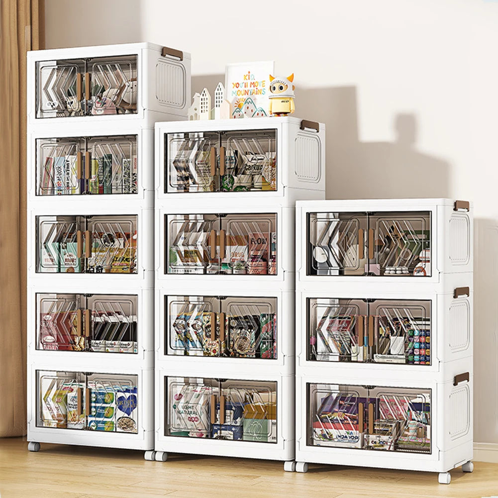 Contenedores de almacenamiento apilables de 4 niveles con puertas y ruedas, cajón organizador plegable para sala de estar, dormitorio y oficina.