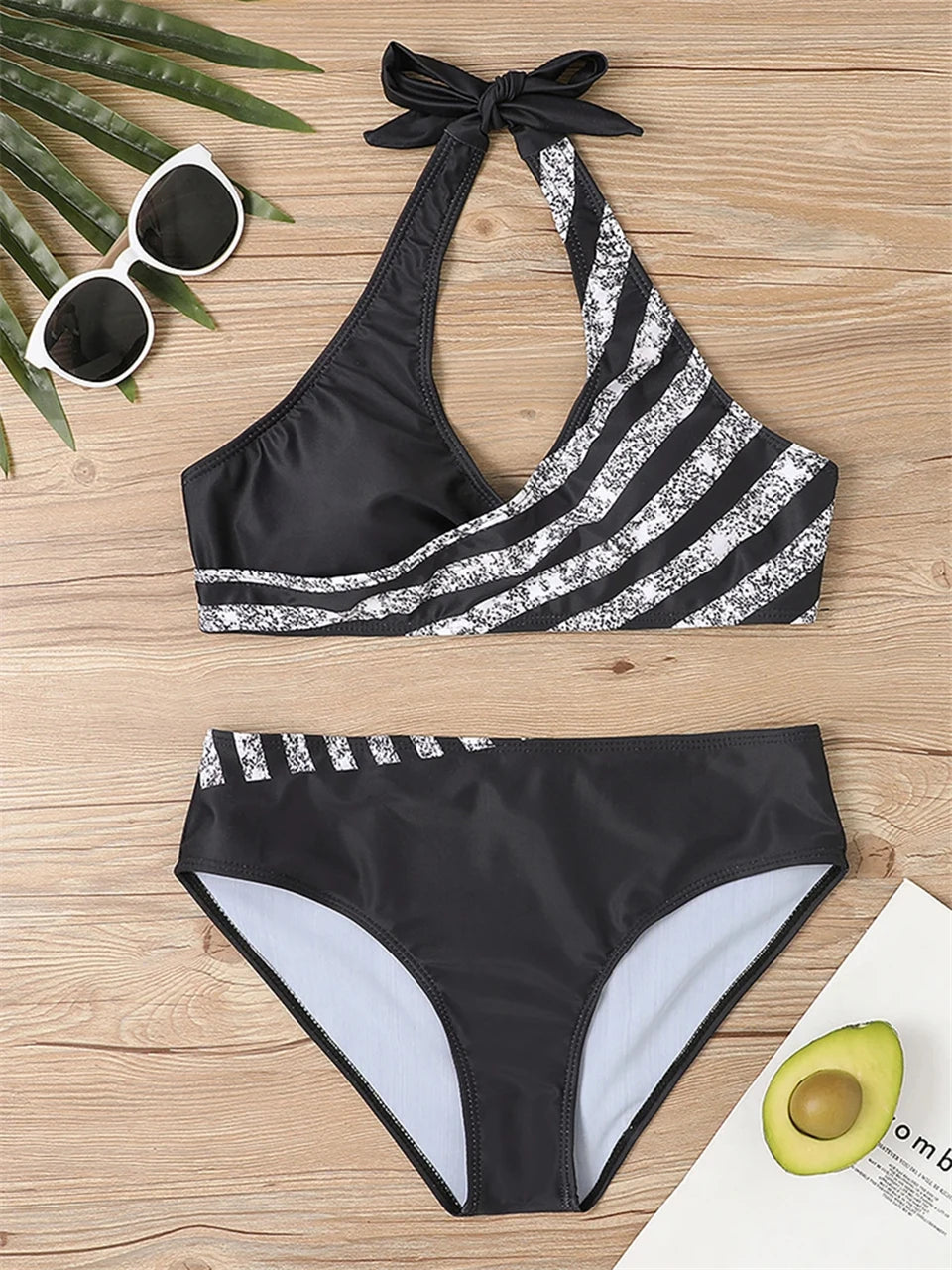 Conjunto de bikini con cuello en V 2024 para mujer, traje de baño de verano con estampado de rayas y patchwork, ropa de playa, traje de baño para mujer, talla 2XL