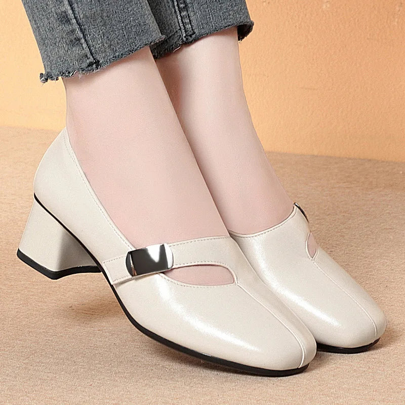 Zapatos Mary Jane vintage de 5 cm, transpirables, cómodos, de boca baja, de piel suave, para mujer, primavera 2025, tacones de bloque medianos para oficina, mamá
