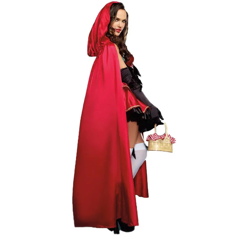 Women Little Red Riding Hood Costume Fancy Adult Halloween Cosplay Fantasia Carnival Fairy Tale Girl Dress+Cloak Women Party Set