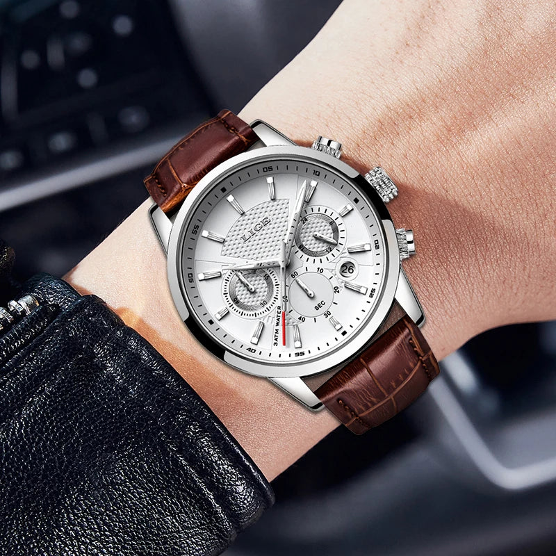 LIGE 2024 Reloj de lujo para hombre, reloj de cuarzo informal de negocios, reloj de pulsera de cuero a la moda para hombre, reloj impermeable para hombre