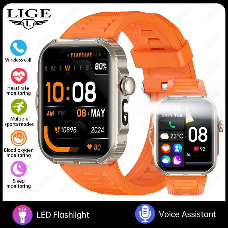 Reloj inteligente de 2,01 pulgadas para hombre y mujer, con linterna LED, control del ritmo cardíaco, para deportes al aire libre y fitness, resistente al agua