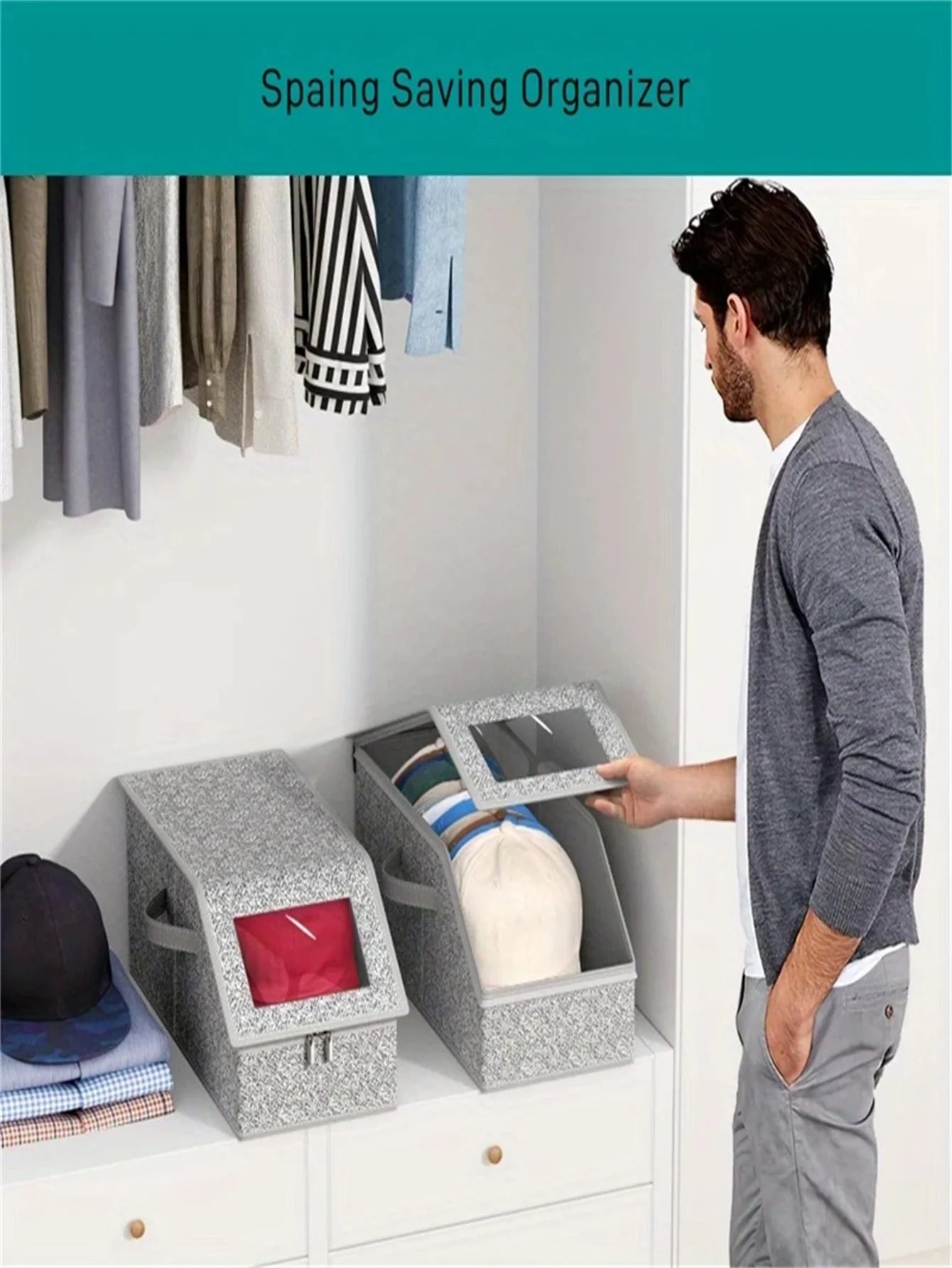 Organizador de armario que ahorra espacio, estructura de tela resistente, contenedor para apilar sombreros, estante, almacenamiento debajo de la cama, organización y almacenamiento de armarios