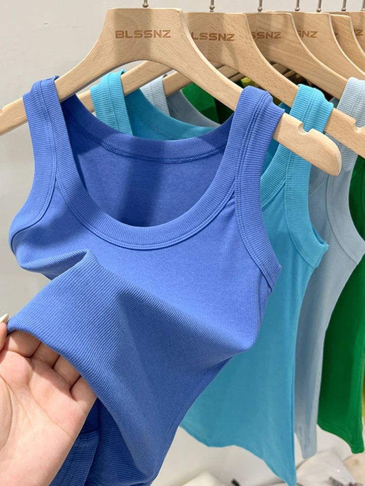 Zjaiss - Camisola de tirantes acanalada con cuello redondo para mujer, básica, elástica, de verano 2025