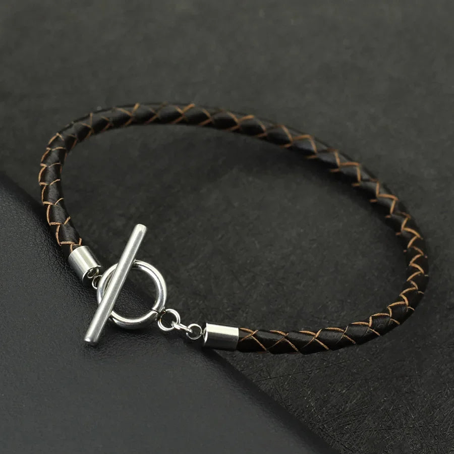 Pulsera de cuero genuino de hip hop para hombre, brazalete con hebilla OT de acero inoxidable resistente a la decoloración, accesorios para hombre, regalos para él, pulsera para hombre