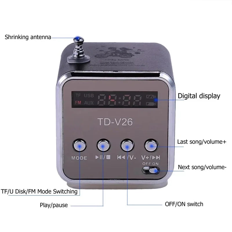 Mini altavoz portátil VIKEFON TD-V26 con tarjeta TF, radio FM, reproductor de música estéreo AUX, altavoz Bluetooth para exteriores, elegante y para fiestas.
