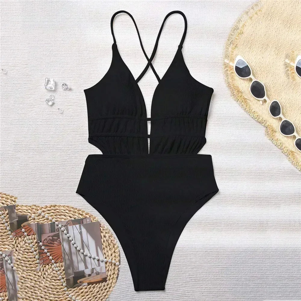 Traje de baño de una pieza sexy de canalé negro sin espalda para mujer 2025, traje de baño cruzado con tiras, traje de baño para bañistas.