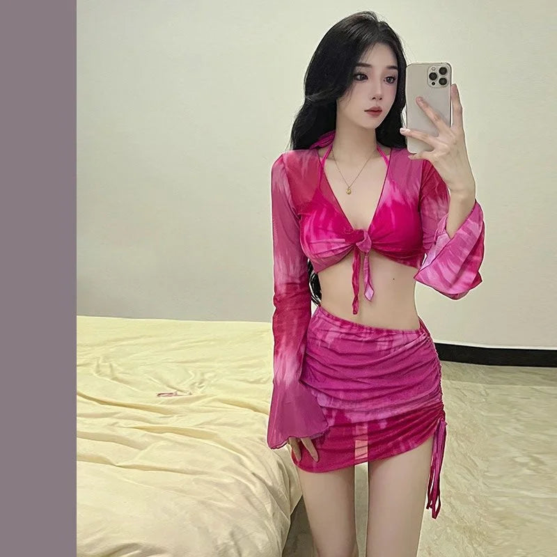 Conjunto de bikini para mujer, traje de baño Vaion separado, Pure Desire, sexy, de cuatro piezas, conservador, ajustado, pecho pequeño, fruncido, persona...