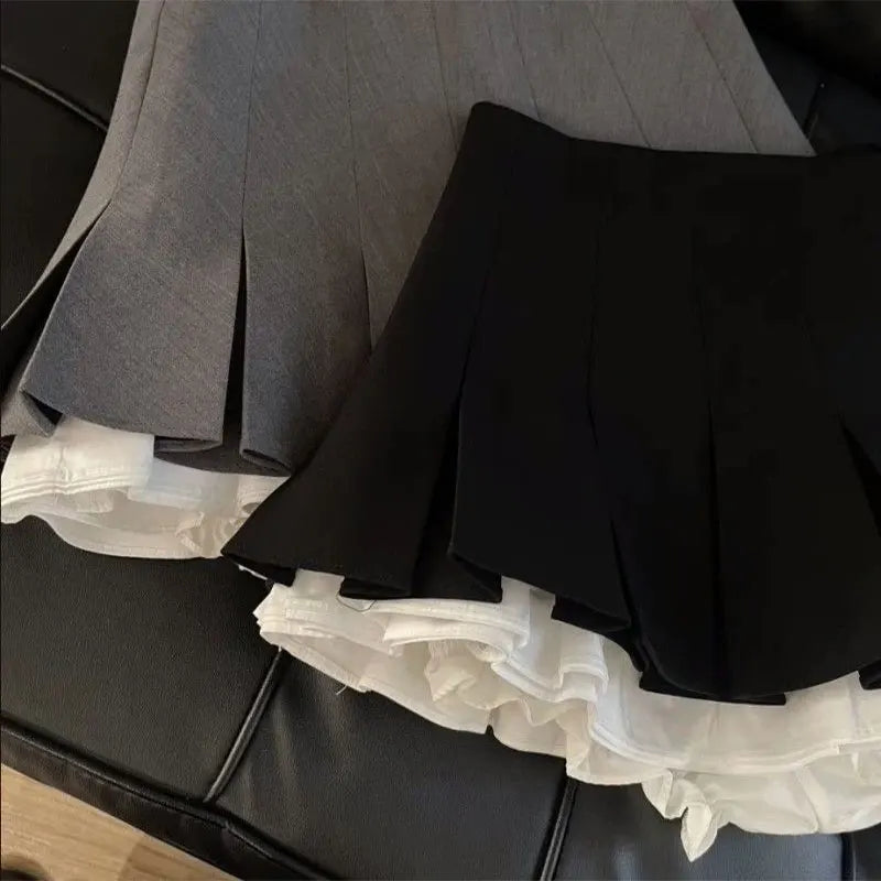 Minifalda negra con volantes Mooyufon para mujer, estilo coreano, con diseño de patchwork, plisada, estilo japonés kawaii, de cintura alta, combina con todo, estilo línea A, nueva