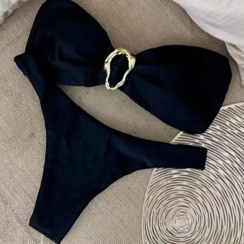 Conjuntos de bikini sin tirantes para mujer, traje de baño de dos piezas con efecto push up, bañadores sexys de color liso, ropa de playa sin espalda para mujer