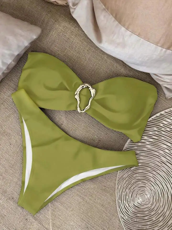 Conjuntos de bikini sin tirantes para mujer, traje de baño de dos piezas con efecto push up, bañadores sexys de color liso, ropa de playa sin espalda para mujer