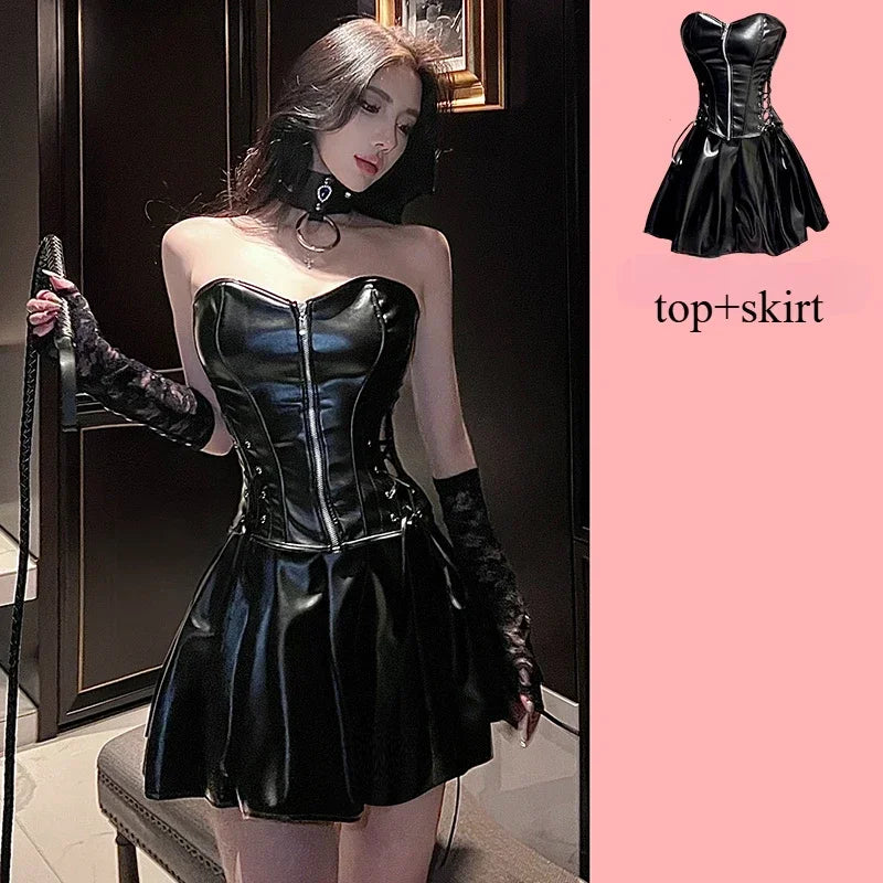 PU Leather Top and Skirt Set Vestido Strapless Top Shiny Hot Dress Tight Package Hip Queen Uniform Sexy Clubwear Cat Girl Set