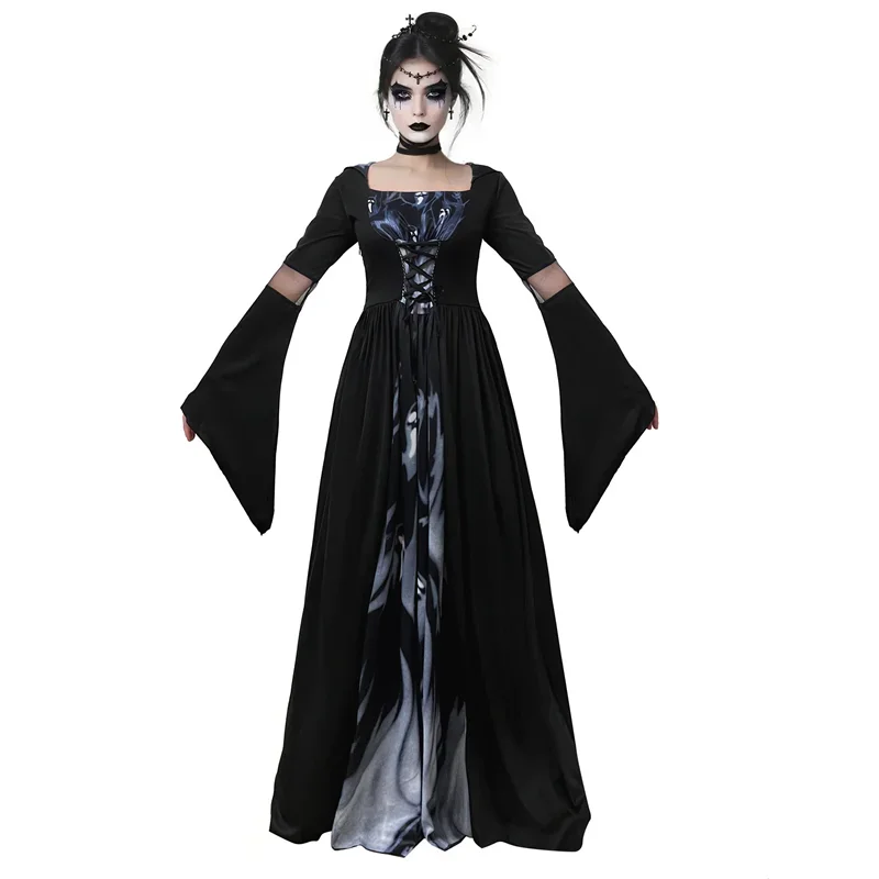 Halloween Witch Dress Skeleton Witch Sorcerer Adult Women Cosplay Costume Hood Skirt Stage Performance Modern Dance Wear Outfits