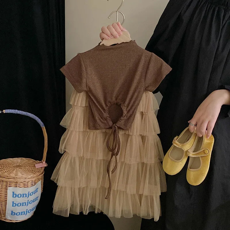 Conjunto de ropa para niños, novedad de verano, moda para niñas, top con dulce pastel, falda a media pierna, conjunto para fiesta de cumpleaños, ropa de boutique para niños
