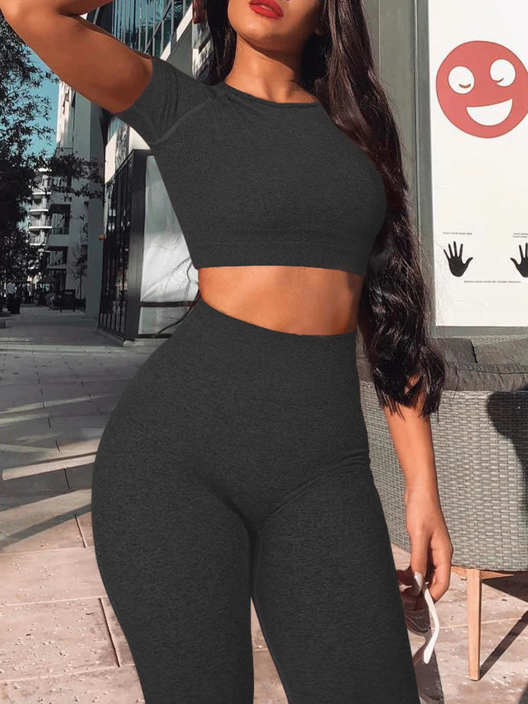 Conjunto de yoga de verano para mujer, cuello redondo, cintura alta, levantamiento de cadera, ajustado, moldeador, conjunto deportivo de dos piezas para fitness