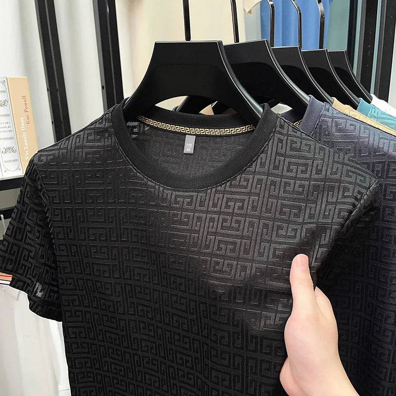 Camiseta de cuello redondo y manga corta de jacquard de moda para hombre, nueva, informal, cómoda y versátil para todas las estaciones, 2025