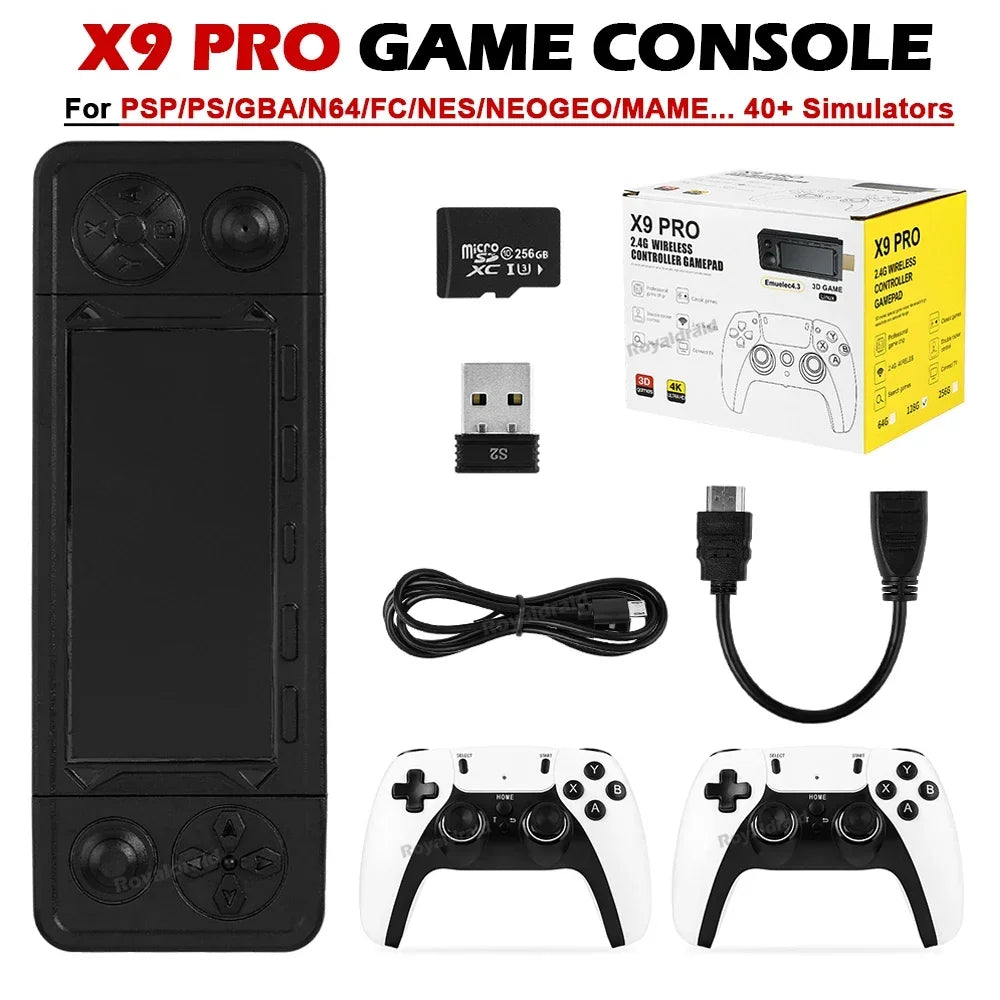 Consola de videojuegos X9 PRO GameStick 4K HD para TV, 128 GB, 256 GB, juegos 3D para PSP/PS1/N64/NDS, más de 40 simuladores, juegos retro, controlador dual de 2,4 GB