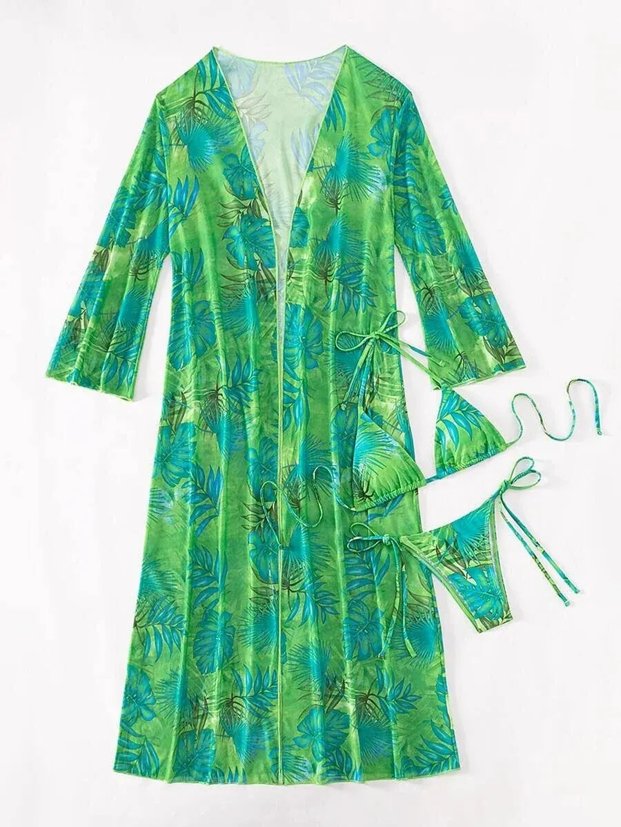 Bikini de tres piezas con tiras triangulares 2025 para mujer, traje de baño tipo kimono, ropa de baño sexy para mujer, traje de baño para playa