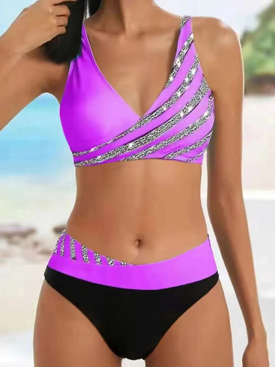 Conjunto de bikini con cuello en V 2024 para mujer, traje de baño de verano con estampado de rayas y patchwork, ropa de playa, traje de baño para mujer, talla 2XL
