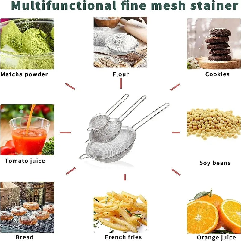 Filtro de malla de acero inoxidable con cuchara ranurada, esencial para la cocina, paquete de 3, colador de alimentos finos con mango largo para cocinar