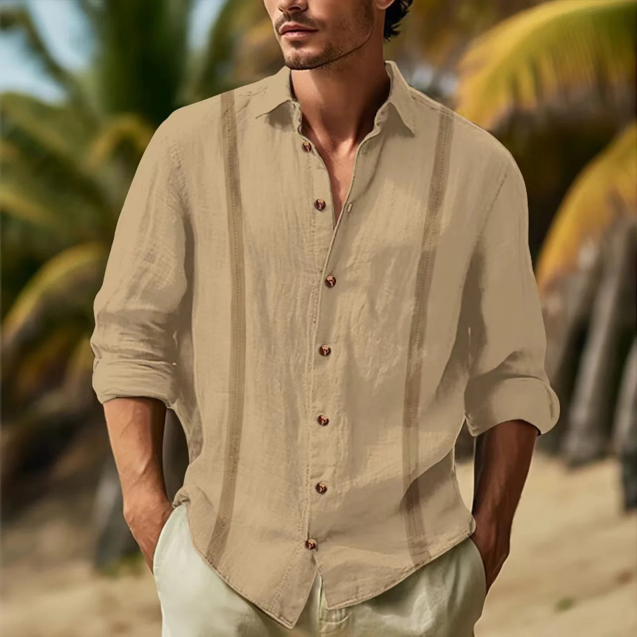 Camisa informal de algodón y cáñamo Cuba Guayabella de color sólido con solapa de manga larga y doble cinta para hombre, primavera y otoño de 2024