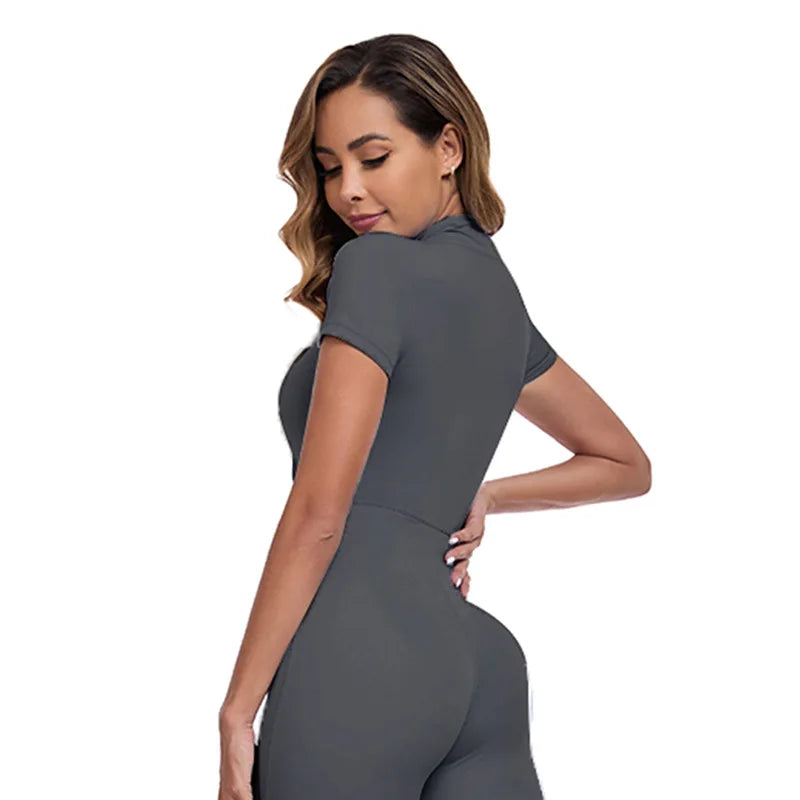 Ropa deportiva para mujer, ropa deportiva para exteriores, ropa interior moldeadora de una pieza fina de verano con cremallera, pantalones cortos y ropa de yoga.