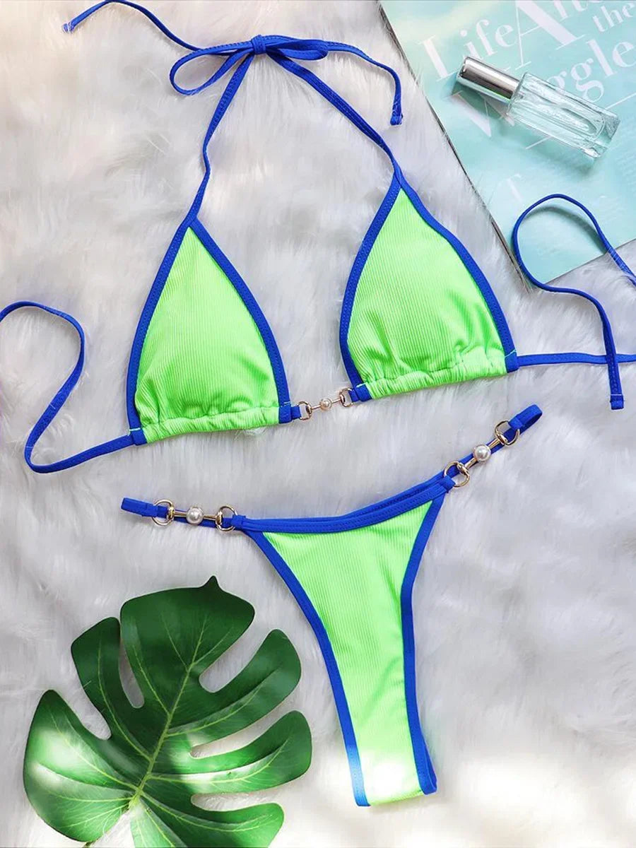 Bikini sexy con cuello halter y perlas para mujer, traje de baño femenino de dos piezas con ribete acanalado