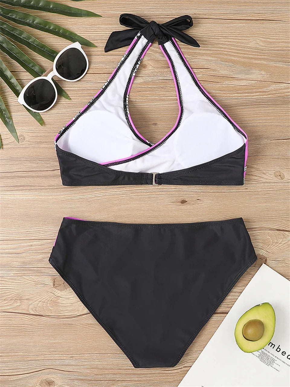 Conjunto de bikini con cuello en V 2024 para mujer, traje de baño de verano con estampado de rayas y patchwork, ropa de playa, traje de baño para mujer, talla 2XL