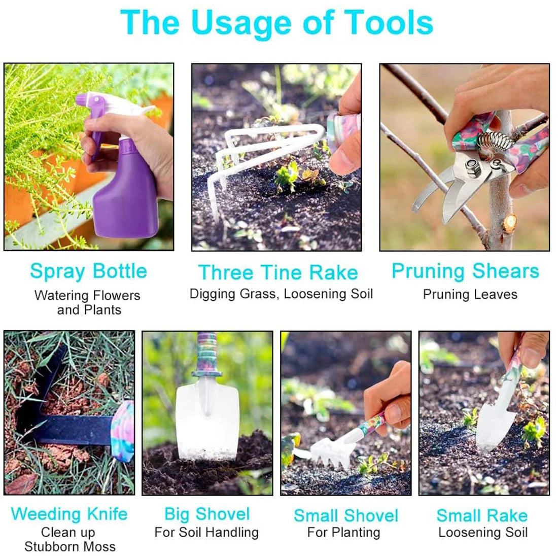 Juego de herramientas para jardinería, plantación, estampado floral, tijeras, aerosol, desmalezadora, podadora, pulverizador, herramientas manuales de jardinería.