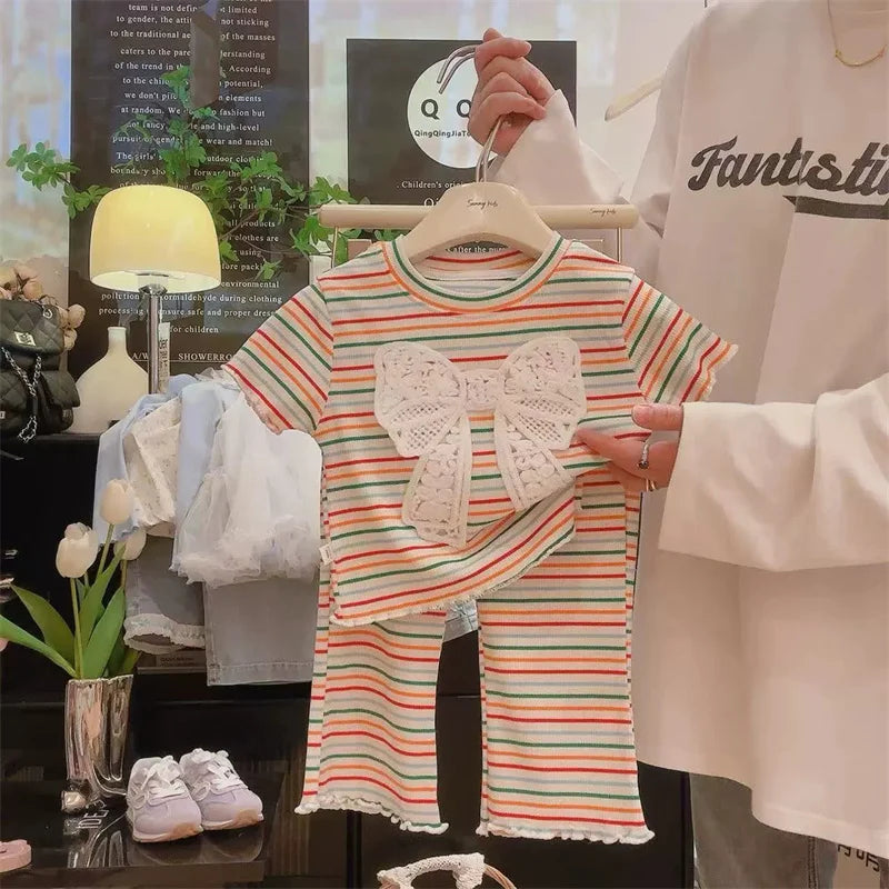 Conjuntos de ropa para niñas, traje con lazo, camiseta de manga corta y vaqueros, 2 piezas, atuendo de verano de 3 a 10 años