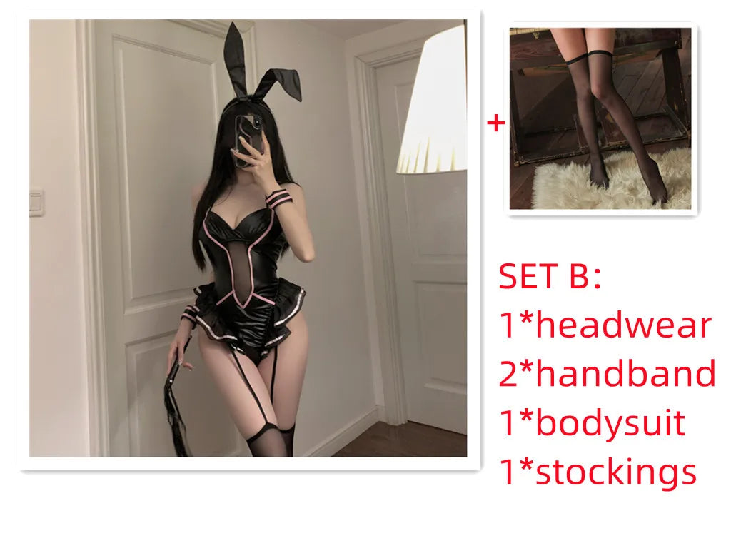 NEW Bunny Girl Cosplay Costume PU Leather One Piece Bodysuit Sexy Black Pink Rabbit Suit Kawaii Ears Anime Outfit for Women