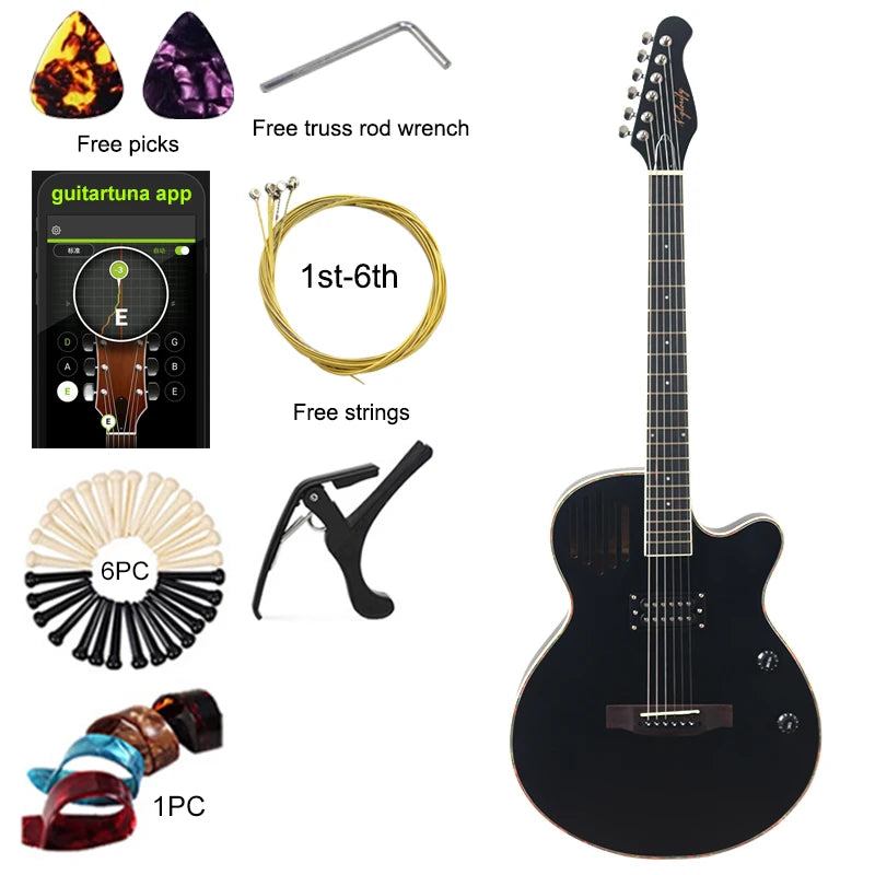 Guitarra acústica eléctrica de 40 pulgadas, cuerpo fino de 6 cuerdas, guitarra folk de buena calidad artesanal.