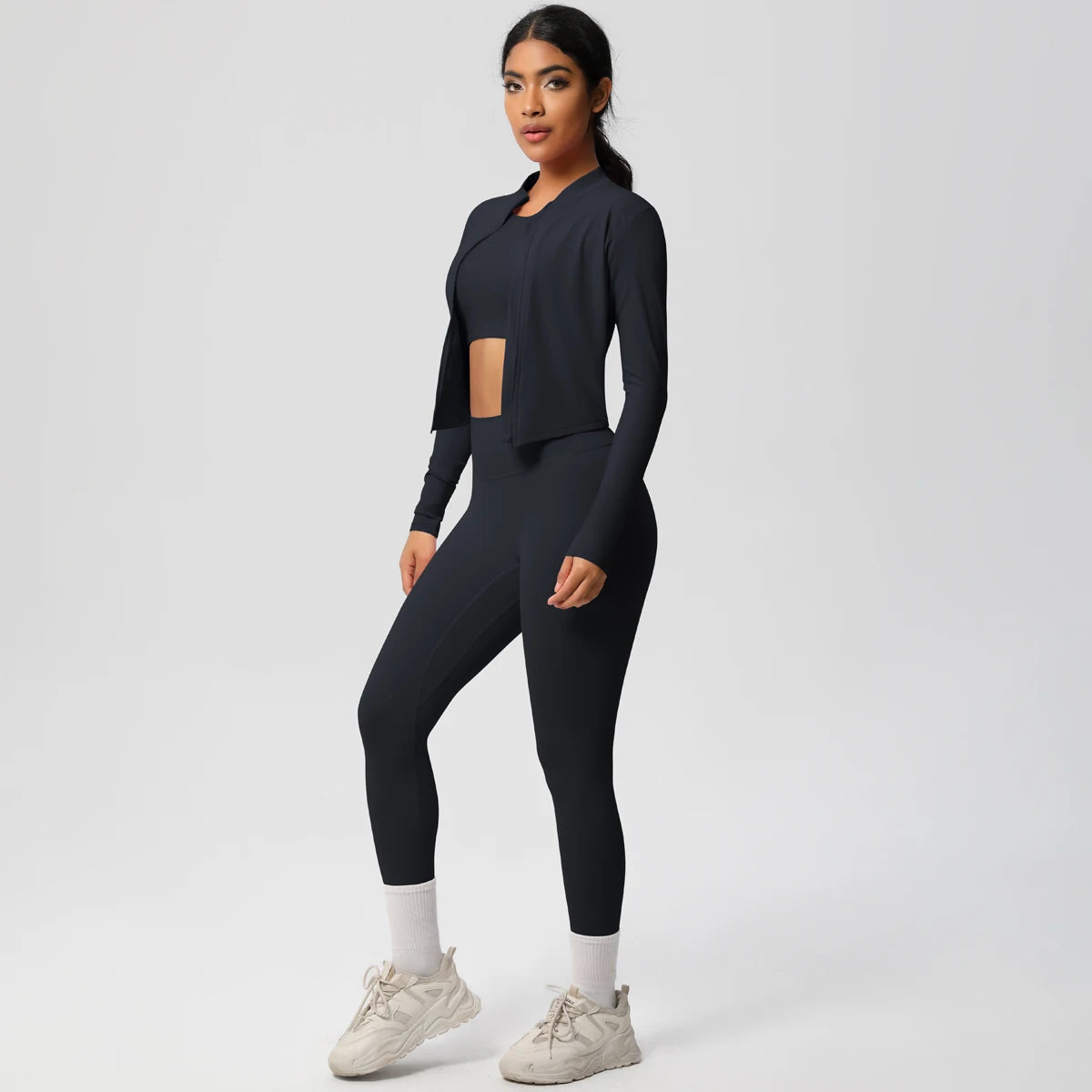 Conjunto de leggings de yoga, top deportivo con cremallera y manga larga, transpirable, para correr al aire libre, pantalones de yoga ajustados e informales, ropa de fitness
