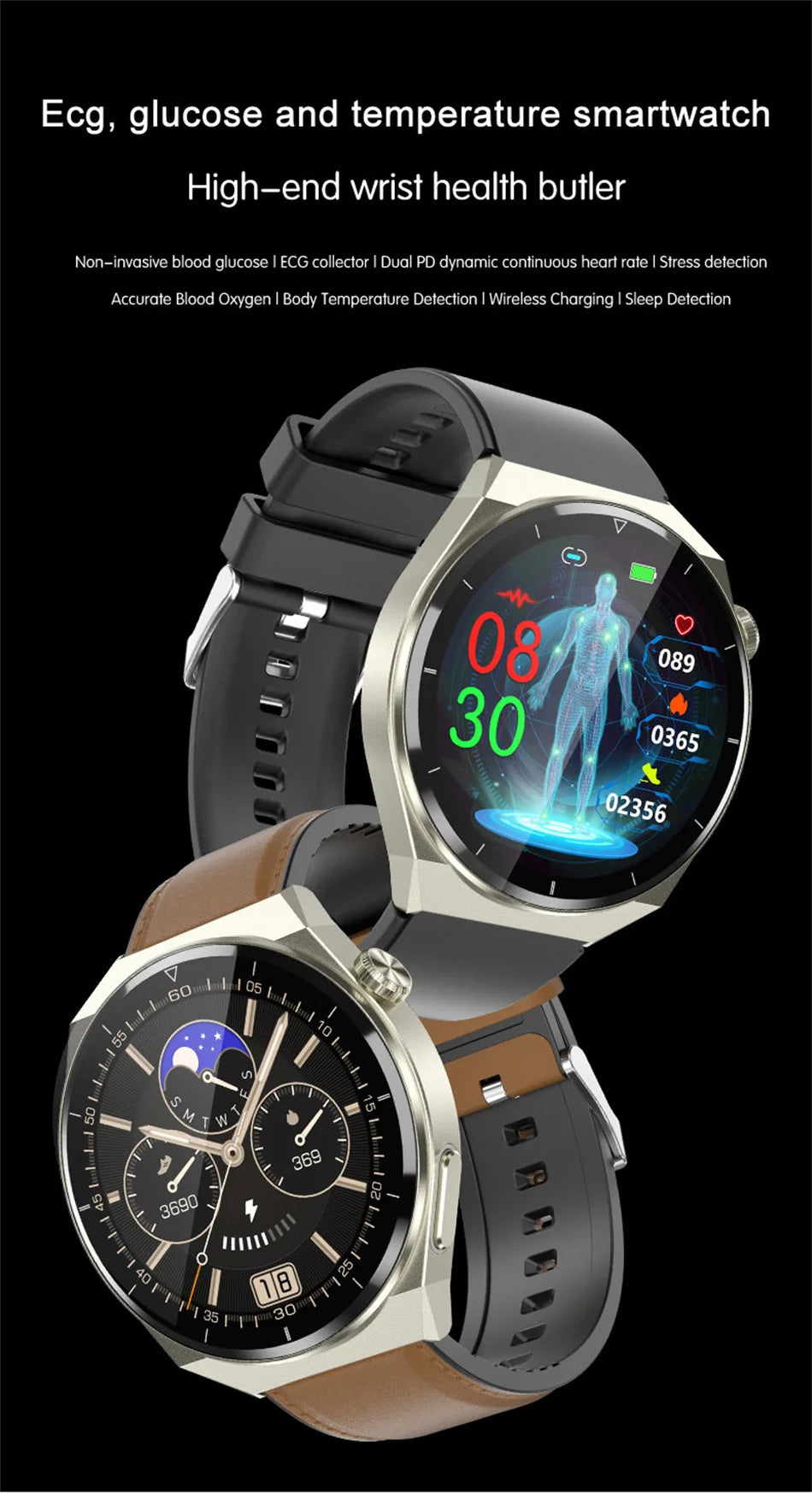 Reloj inteligente con tratamiento láser para hombres, dispositivo con ECG, PPG, frecuencia cardíaca, azúcar en sangre, monitor de salud, para Android e iOS, 2024