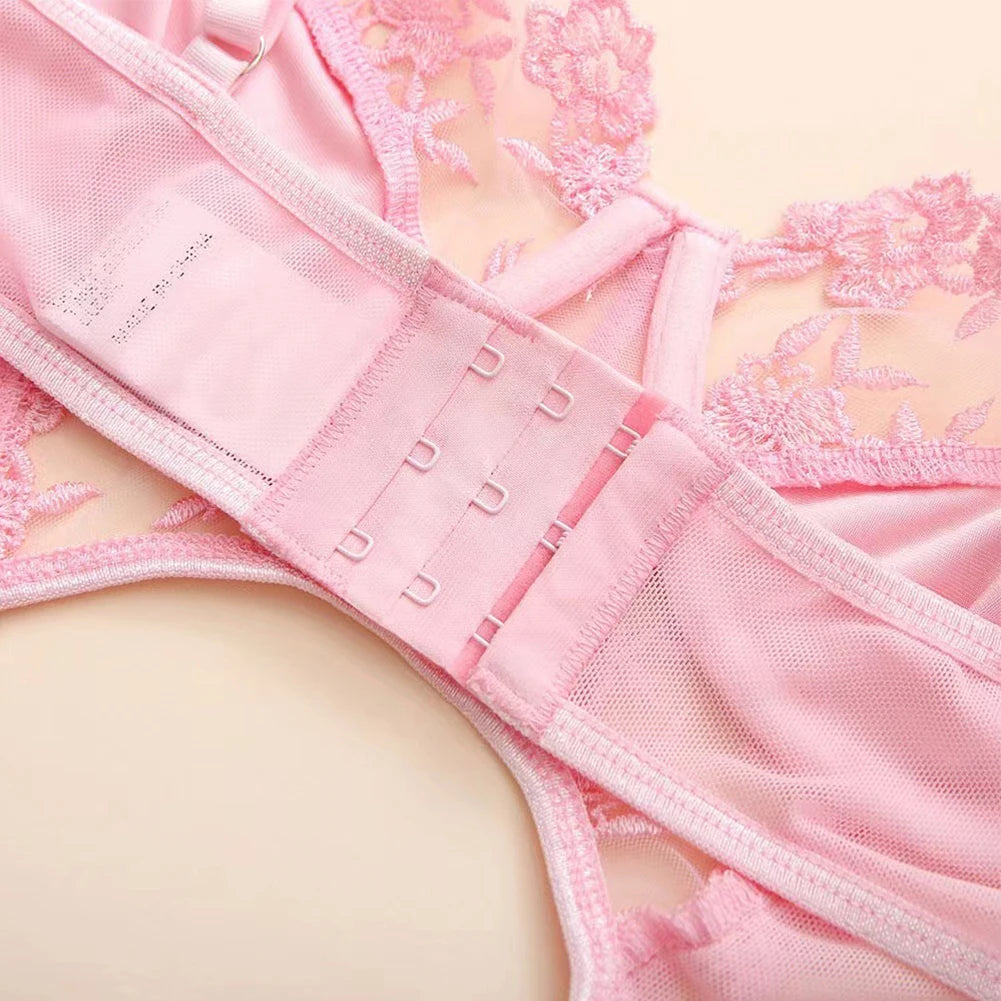Conjunto de lencería sexy para mujer, ropa interior de encaje transparente, bikini con espalda en T, tanga, leotardo de corte alto, ropa de dormir erótica unicolor