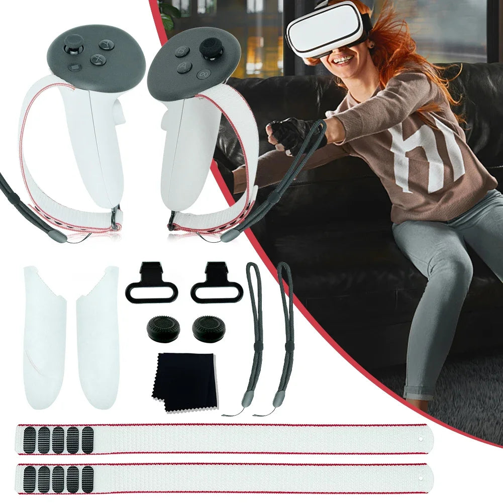Conjunto de accesorios para gafas de realidad virtual, tapa de batería, correas activas ajustables, paño para lentes, tapas de joystick para agarres de control de realidad virtual Meta Quest 3