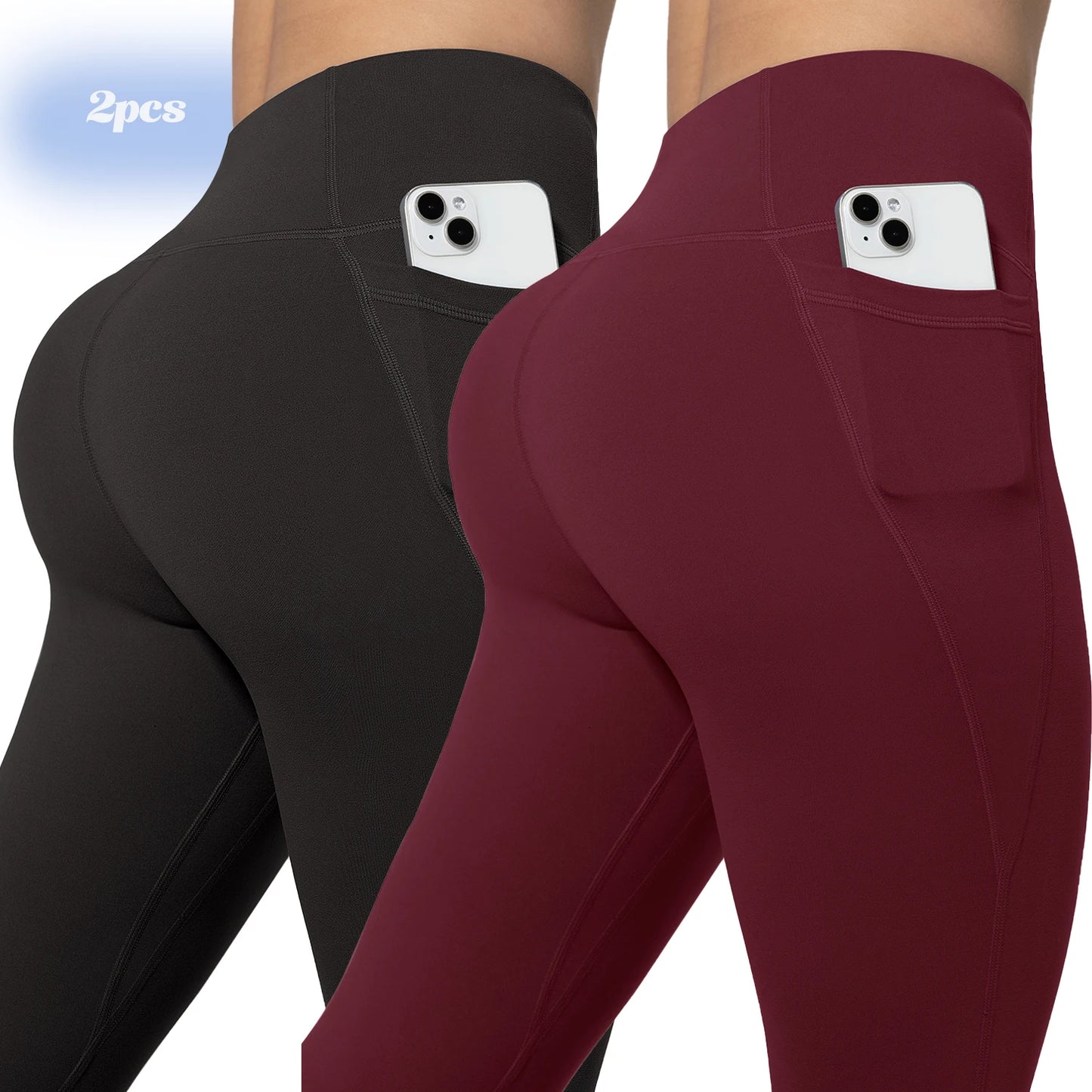 Leggings de yoga para mujer, 2 unidades, con bolsillos, color liso, para gimnasio, actividades al aire libre, cintura alta, ajustados, pantalones deportivos para correr.