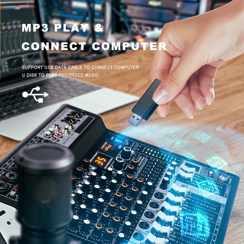 Interfaz de mezclador de audio de potencia, consola de mezclas USB Bluetooth de 6 canales con alimentación fantasma de 48 V, tablero de sonido para música para PC, escenario, DJ y estudio.