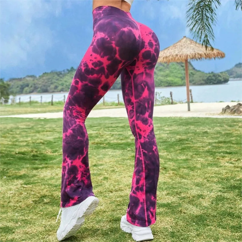 Women Tie Dye Flared Pants Knit Seamless Leggings High Waist Butt Lift Fitness Pants Gym Yoga Cycling Slim Fashion Flared Pants