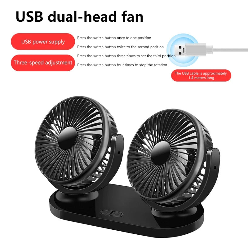 Ventilador de coche Xiaomi con doble cabezal ajustable de 360°, ventilador eléctrico para automóvil, USB/12 V/24 V, 2 velocidades, silencioso, para escritorio de casa