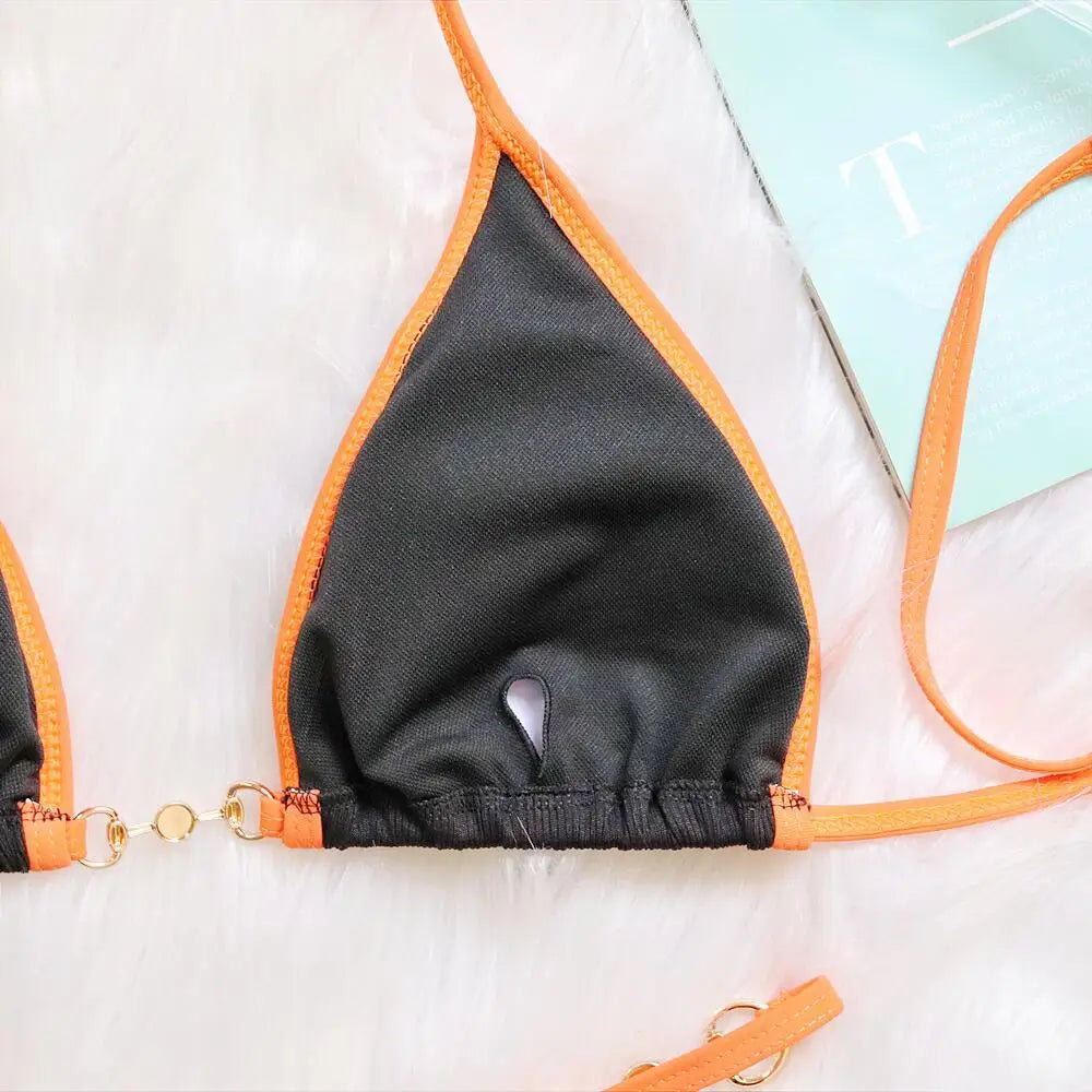 Bikini sexy con cuello halter y perlas para mujer, traje de baño femenino de dos piezas con ribete acanalado