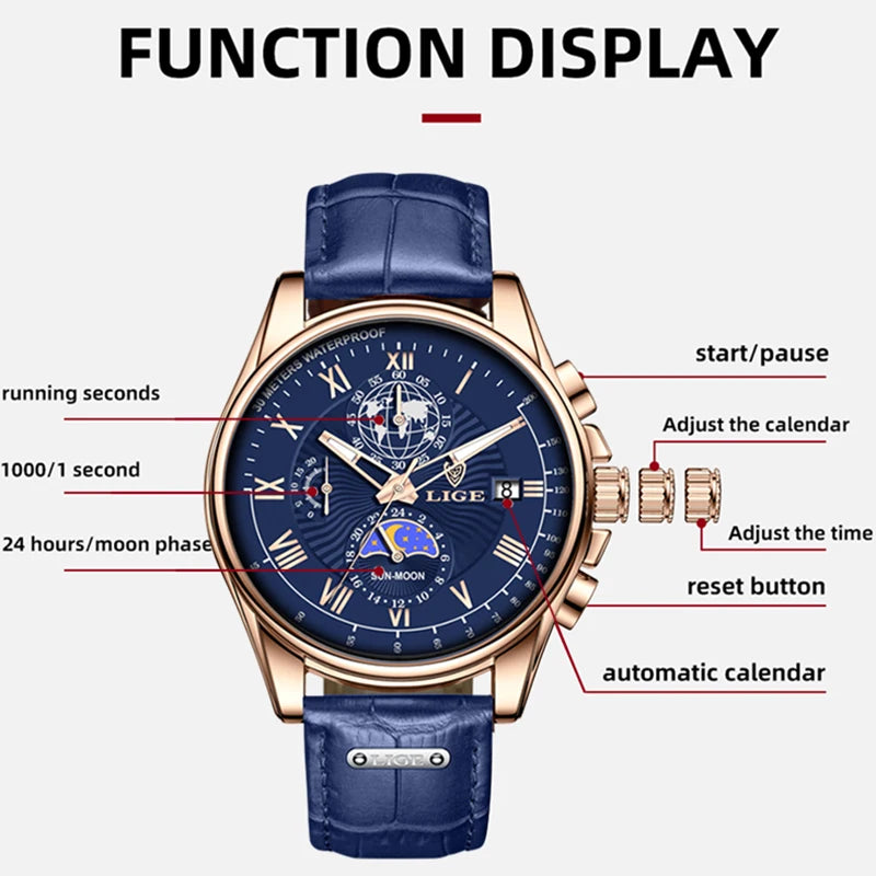 LIGE 2024 - Nuevo reloj de cuero azul para hombre, marca de lujo, resistente al agua, deportivo, con fecha, de cuarzo, Masculino