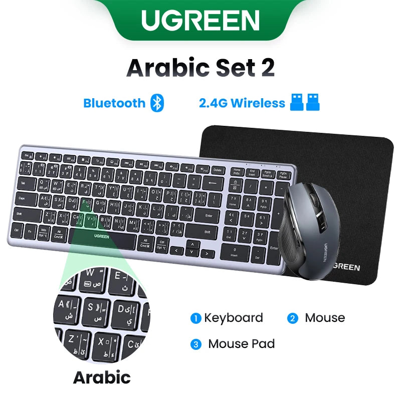 Teclado inalámbrico UGREEN Bluetooth 5.0 2.4G con 99 teclas en ruso/coreano/inglés para MacBook, iPad, PC y tabletas, recargable por USB C.