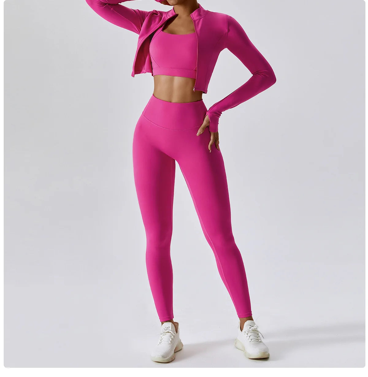 Conjunto de yoga de 3 piezas para mujer, conjuntos de entrenamiento, ropa deportiva para gimnasio, ropa deportiva con cremallera, leggings de manga larga y cintura alta, trajes deportivos, traje de yoga