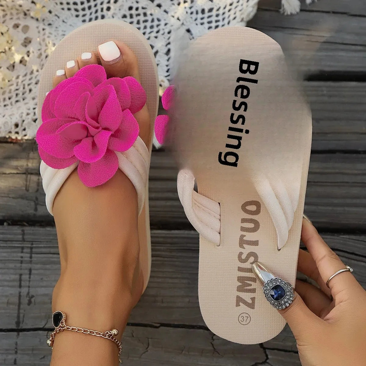 Sandalias de mujer de talla grande, chanclas de verano independientes, zapatillas florales, suela gruesa, informales, versátiles, ligeras, para playa