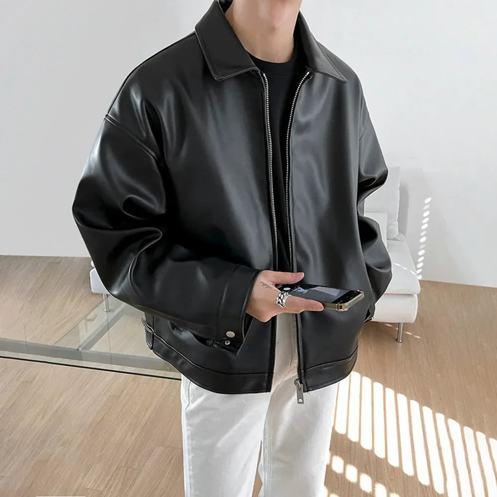 Chaqueta de cuero de PU holgada para hombre, estilo coreano, estilo béisbol, informal, para motocicleta, primavera y otoño, 2023