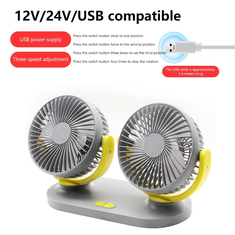 Ventilador de coche Xiaomi con doble cabezal ajustable de 360°, ventilador eléctrico para automóvil, USB/12 V/24 V, 2 velocidades, silencioso, para escritorio de casa