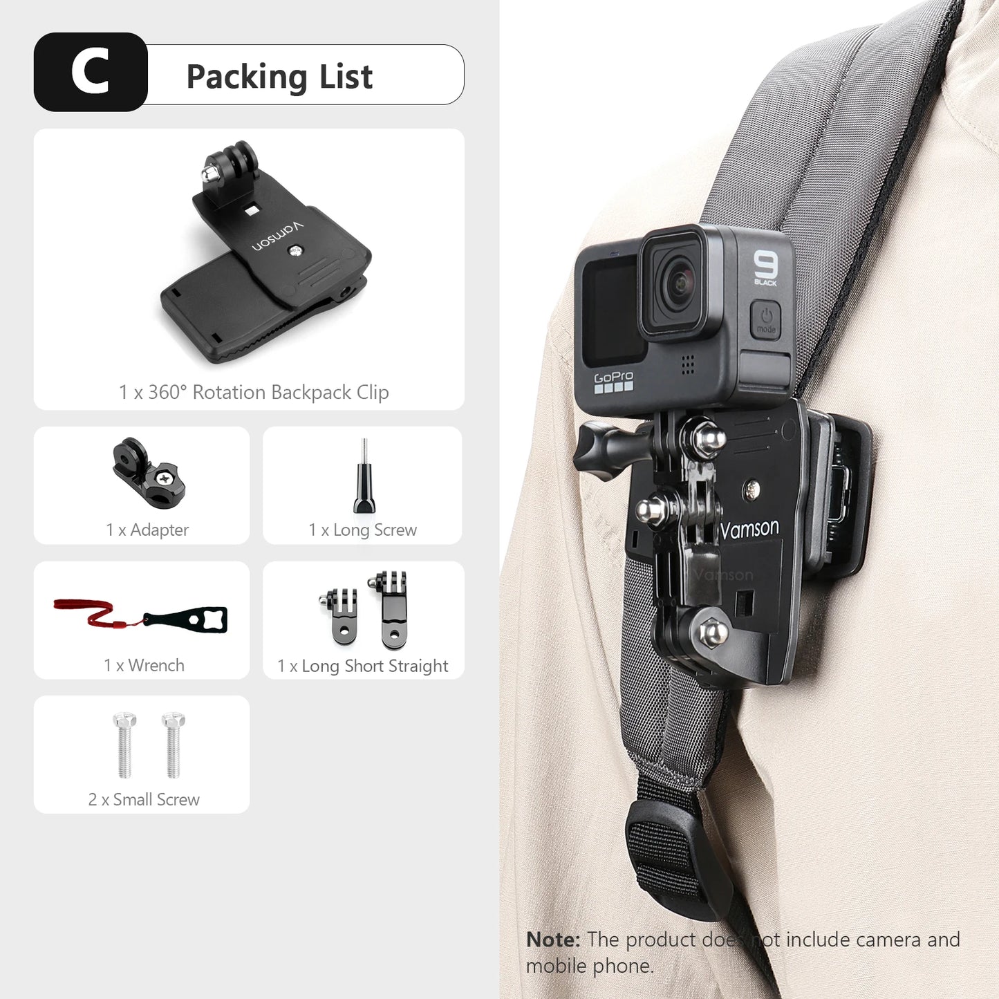 Clip de mochila Vamson para Insta360 x3 para cámara GoPro Hero 11, 10 y 9, soporte para cinturón de hombro giratorio de 360°, accesorios para DJI Action