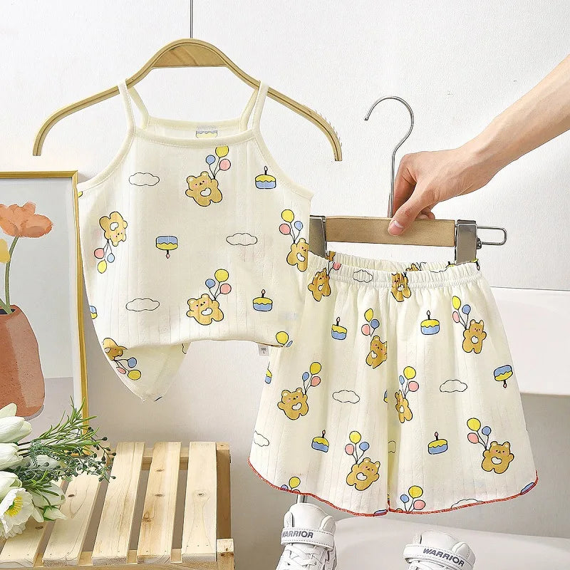 Conjuntos de ropa para bebé, conjuntos de tirantes de verano para niña pequeña, camisetas y pantalones cortos con estampado de algodón para bebé, conjuntos de chándal para recién nacido